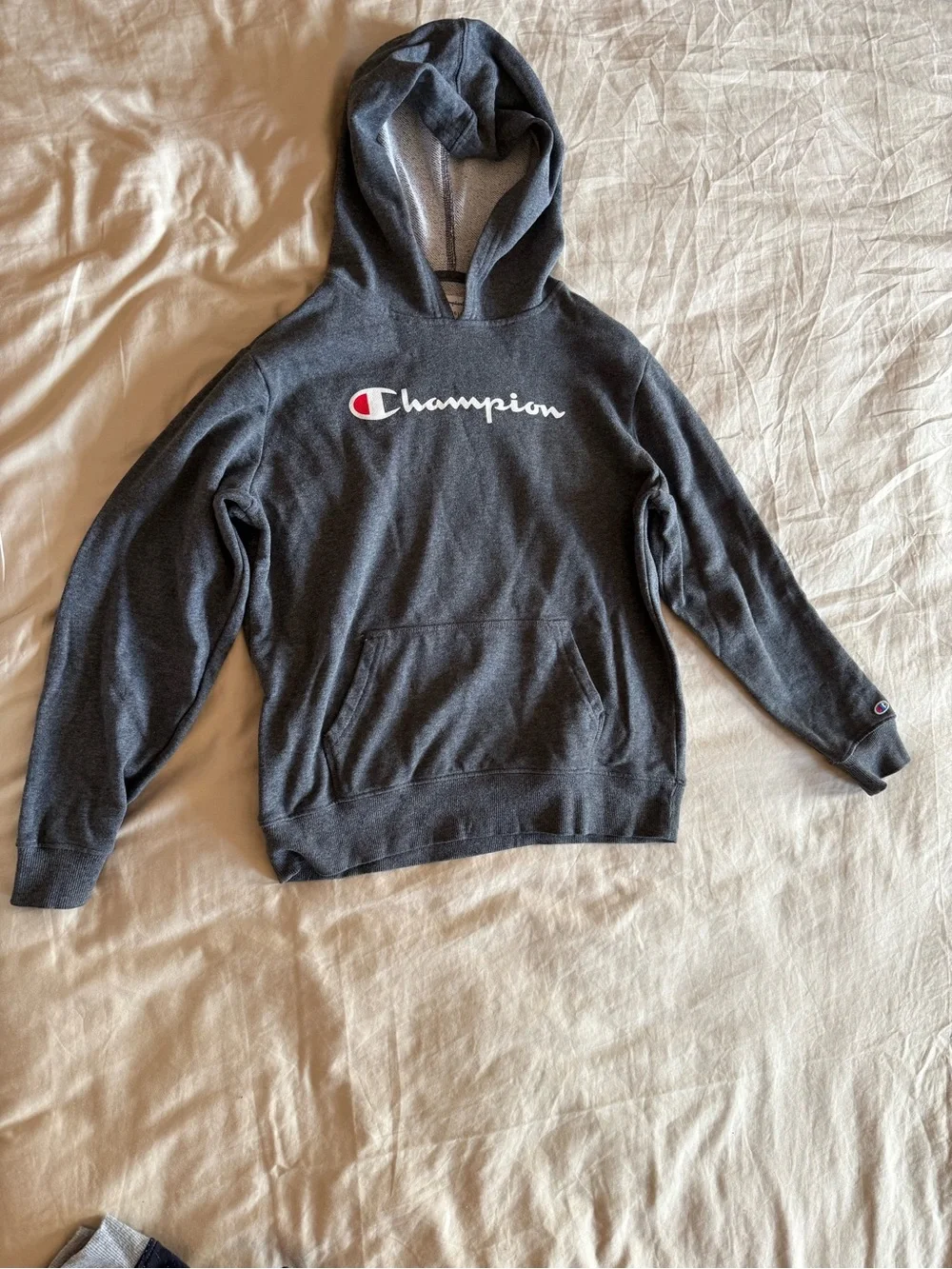 Champion Boys Script Logo Fleece Pullover Hoodie Dark Heather Gray Size L 14/16
